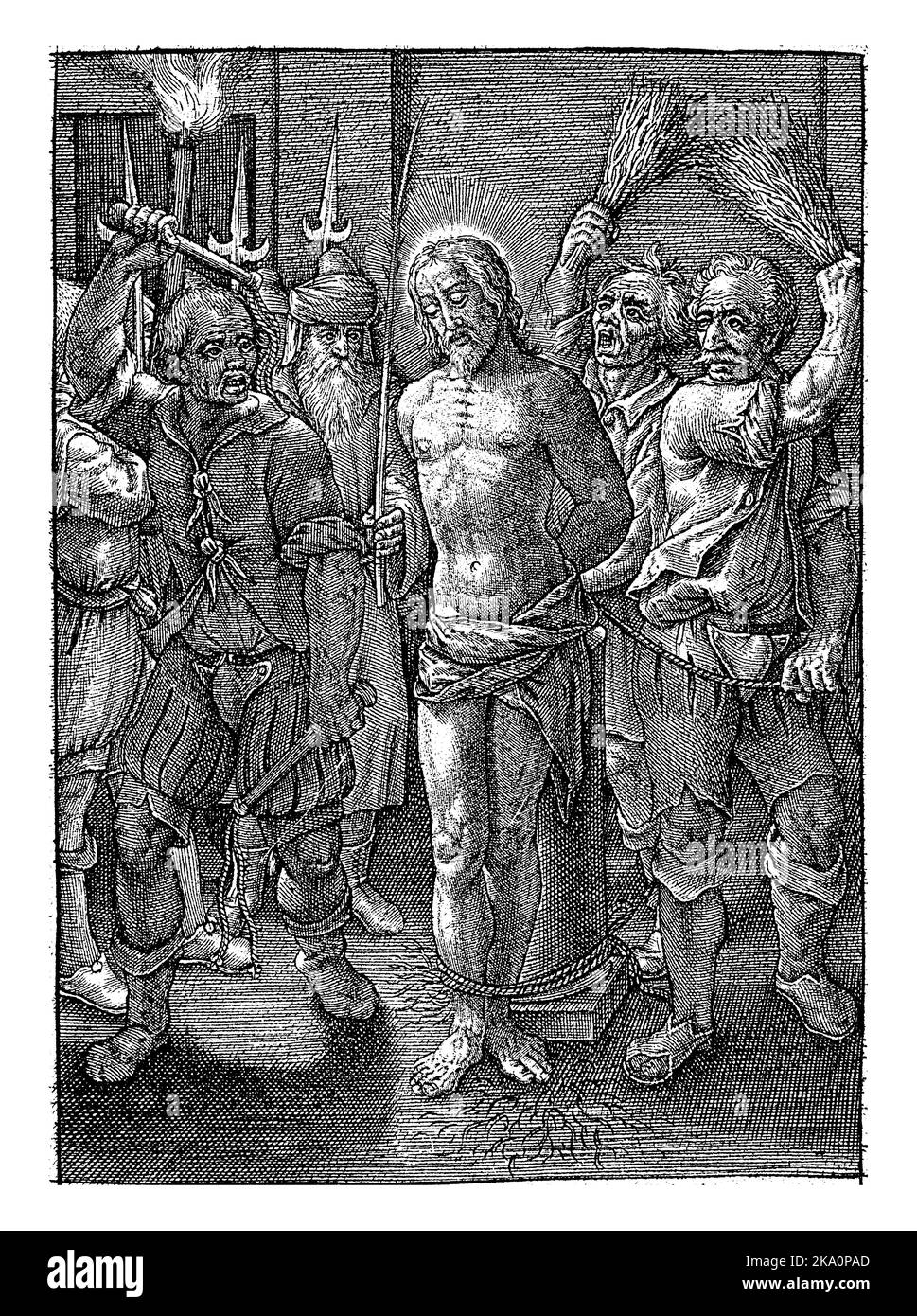 Flagellazione di Cristo, Hieronymus Wierix, 1563 - prima del 1619 il Cristo legato ad una colonna è flagellato dai soldati. Pilate guarda sullo sfondo. Foto Stock