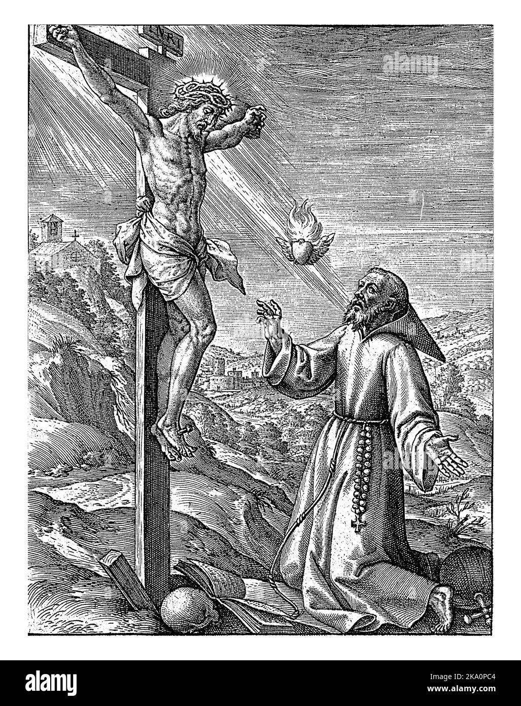 San Francesco d'Assisi davanti al Cristo crocifisso, Geronymus Wierix, 1563 - prima del 1619 H. Francesco d'Assisi inginocchiato davanti al Cristo crocifisso. A. Foto Stock