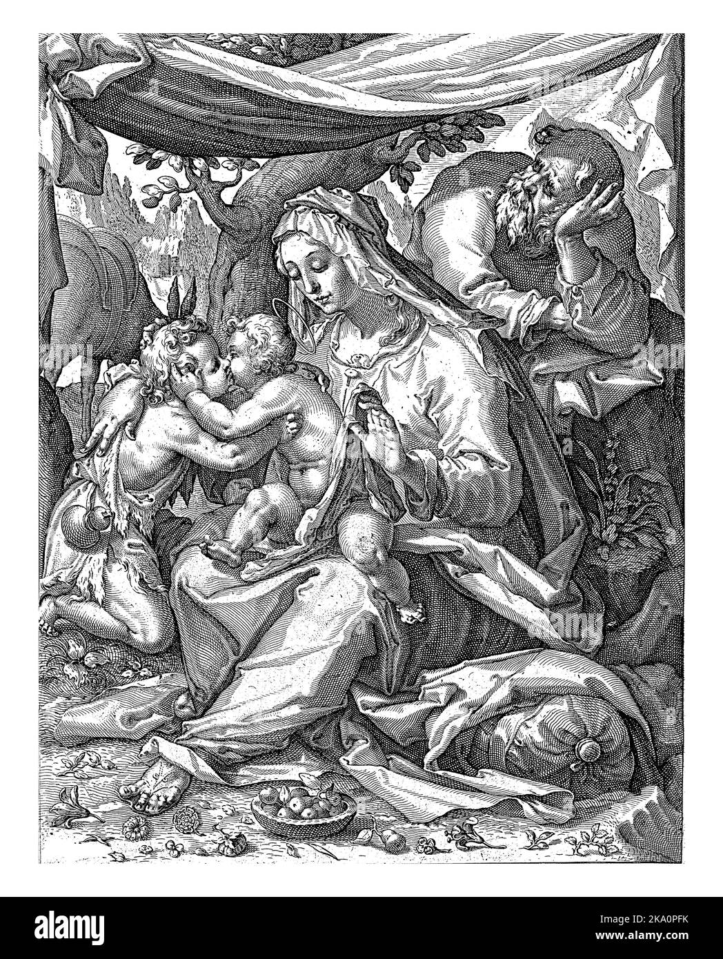 Maria e Giuseppe siedono all'ombra sotto un telone teso tra due alberi. Maria ha Cristo nel suo grembo e Giovanni Battista si inginocchiò accanto a lei e. Foto Stock