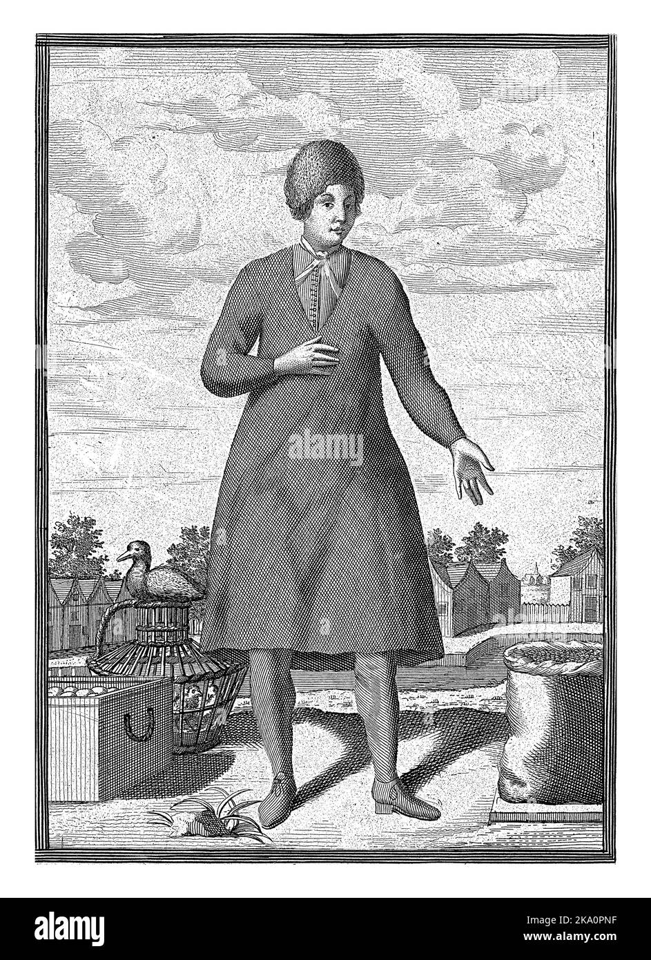 Contadino di Schagen, Pieter van den Berge, 1669 - in o prima del 1689 Un uomo vestito con un vestito da pesca sta sull'acqua tra le merci. Foto Stock