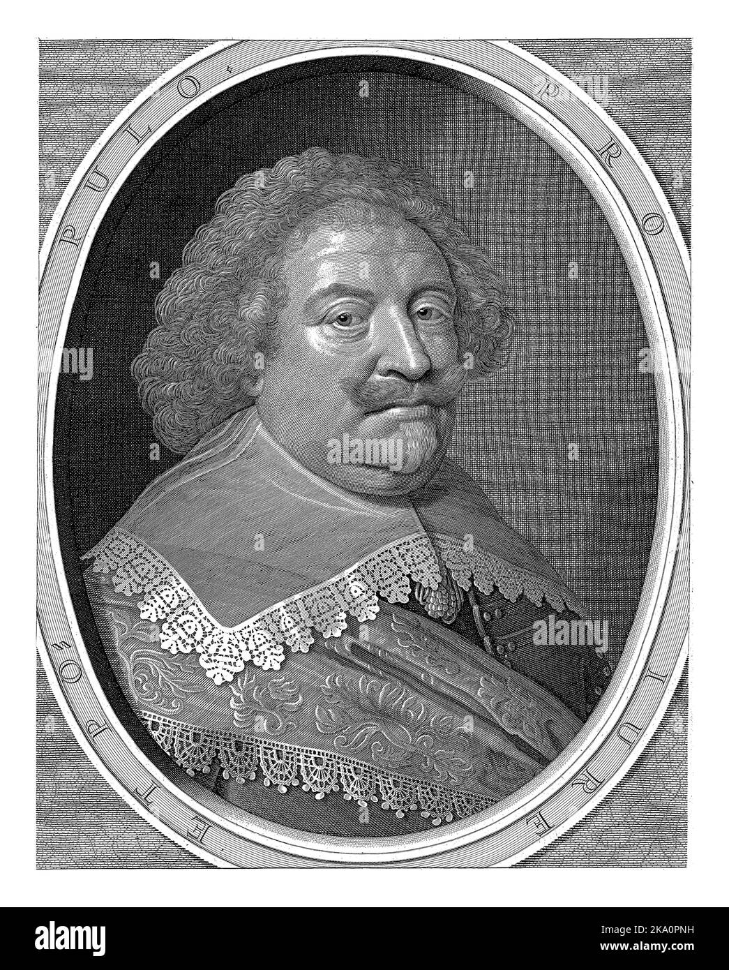 Ritratto di Willem, Conte di Nassau, busto con colletto in pizzo e armatura a cornice ovale con iscrizione. Foto Stock