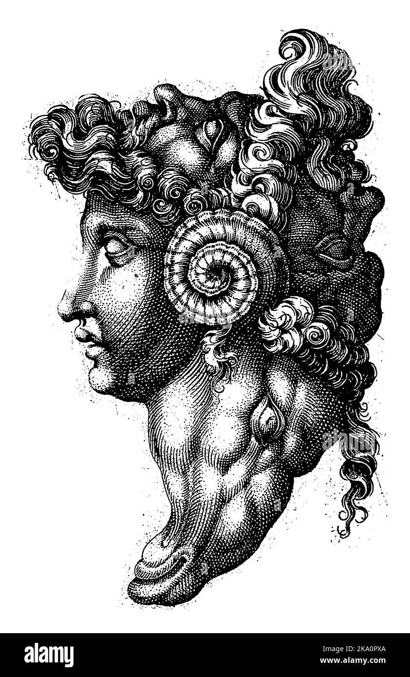 Composizione di due facce di uomini bearded, il volto di un uomo giovane e la testa di un ariete. Numerato in alto a sinistra: 11. Foto Stock