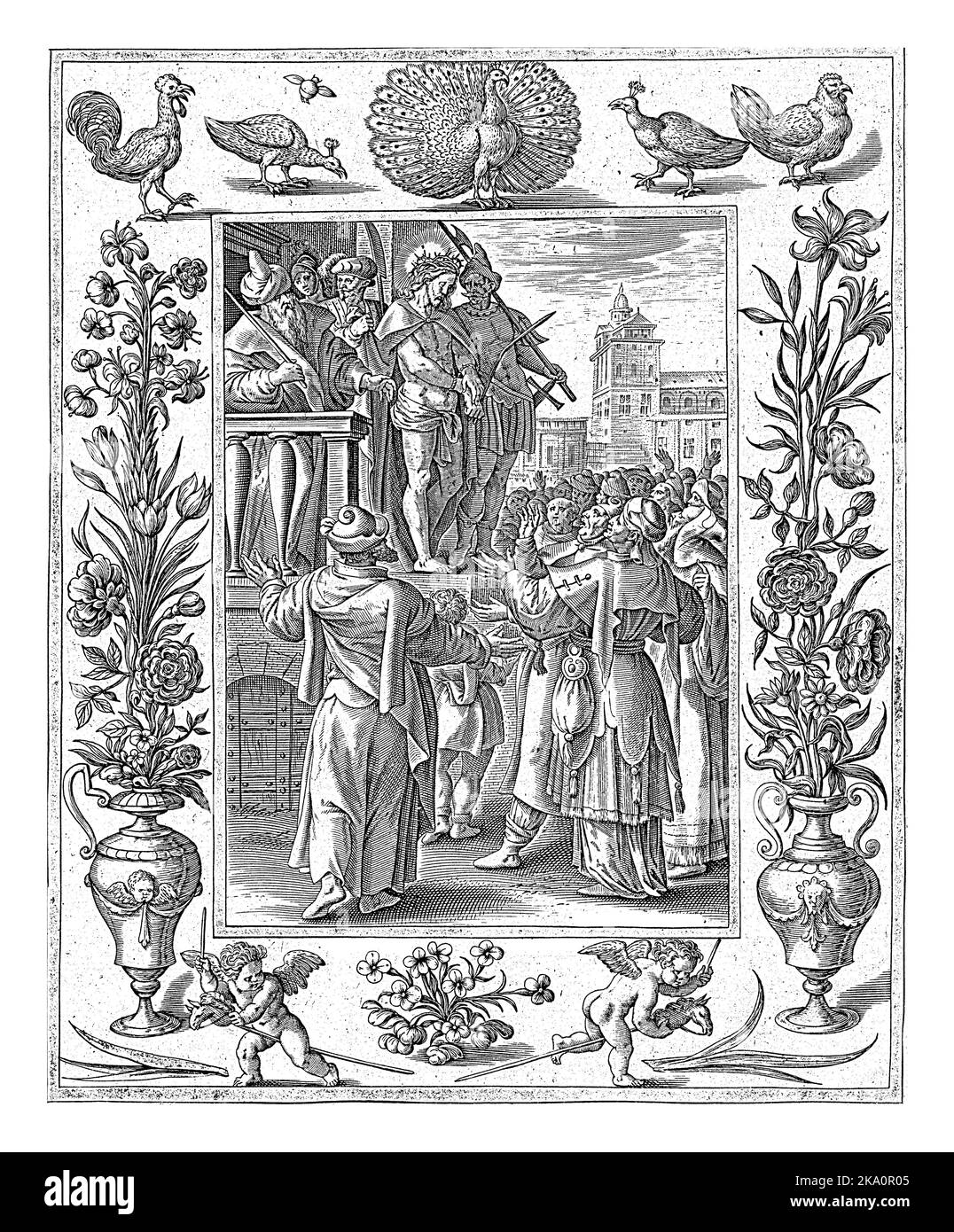 Cristo mostrato al popolo, Antonie Wierix (II), dopo Maerten de Vos, 1582 - 1586 Pontius Pilato mostra il Cristo flagellato al popolo ebraico. Il Foto Stock