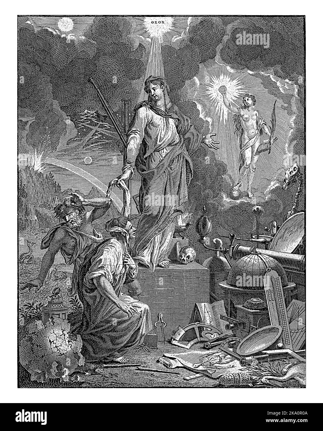 Su un piedistallo la personificazione femminile Worldview (Rerum Magistra). In una visione essa mostra un uomo e una donna (umanità) la vera fede, un perso femminile Foto Stock