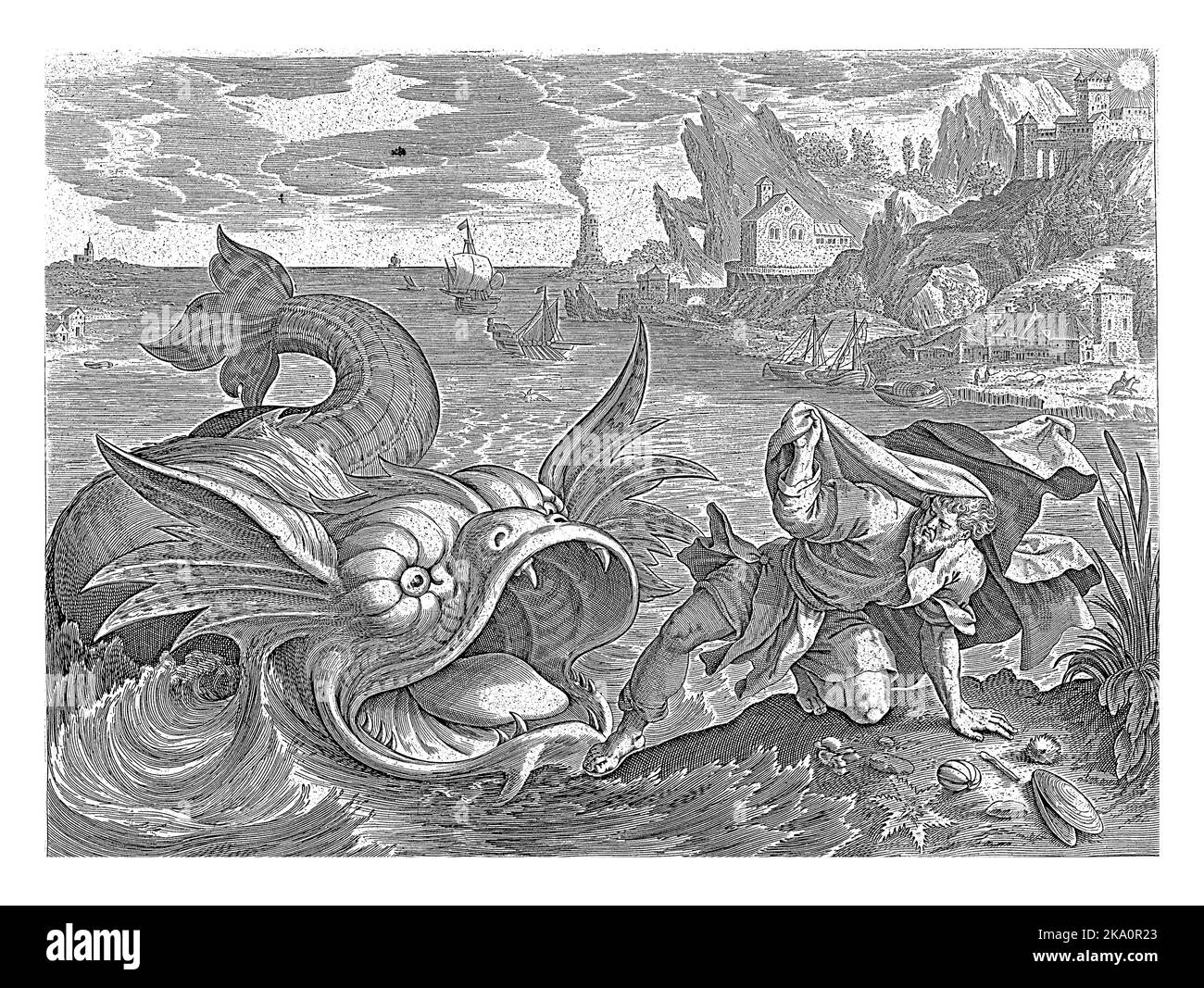 Il pesce sputa Giona fuori sulla terra, Antonie Wierix (II), dopo Maerten de Vos, 1585 dopo essere sopravvissuto tre giorni e notti nel ventre del pesce, il Foto Stock