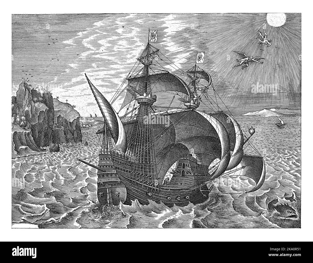 Una nave a vela in acqua al largo di una costa. Nel cielo la caduta di Icarus. Foto Stock