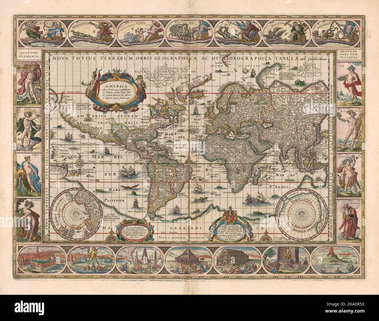 Vintage 17th ° secolo decorato mappa del mondo dal cartografo olandese Willem Janszoon Blaeu (1571-1638) Foto Stock