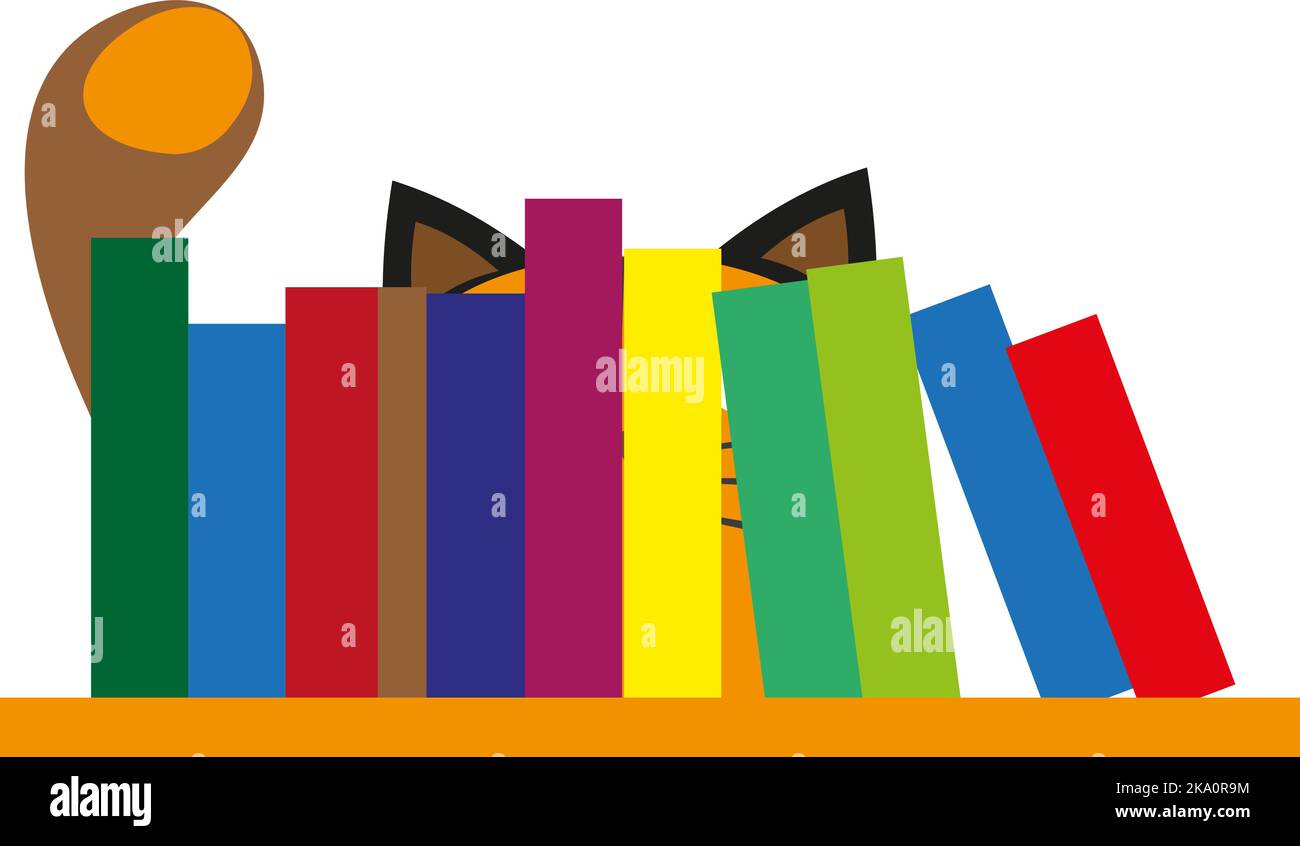 Gatto dietro libri, illustrazione, vettore su sfondo bianco. Illustrazione Vettoriale