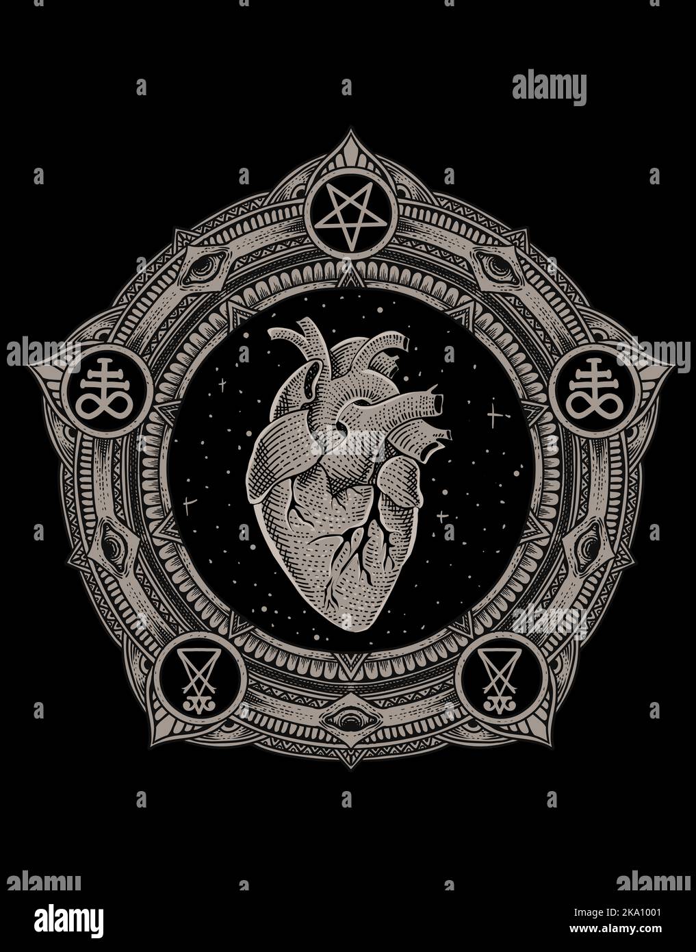 Illustrazione cuore su cerchio stile di incisione mandala Illustrazione Vettoriale