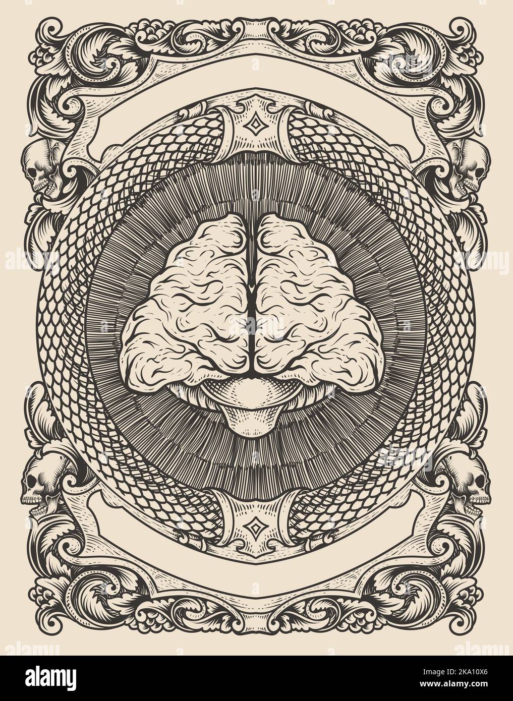 illustrazione cervello antico con stile di incisione Illustrazione Vettoriale