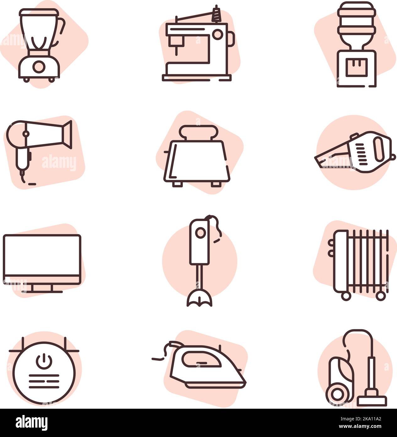 Set di icone, illustrazione o icona dei materiali di consumo domestici, vettore su sfondo bianco. Illustrazione Vettoriale