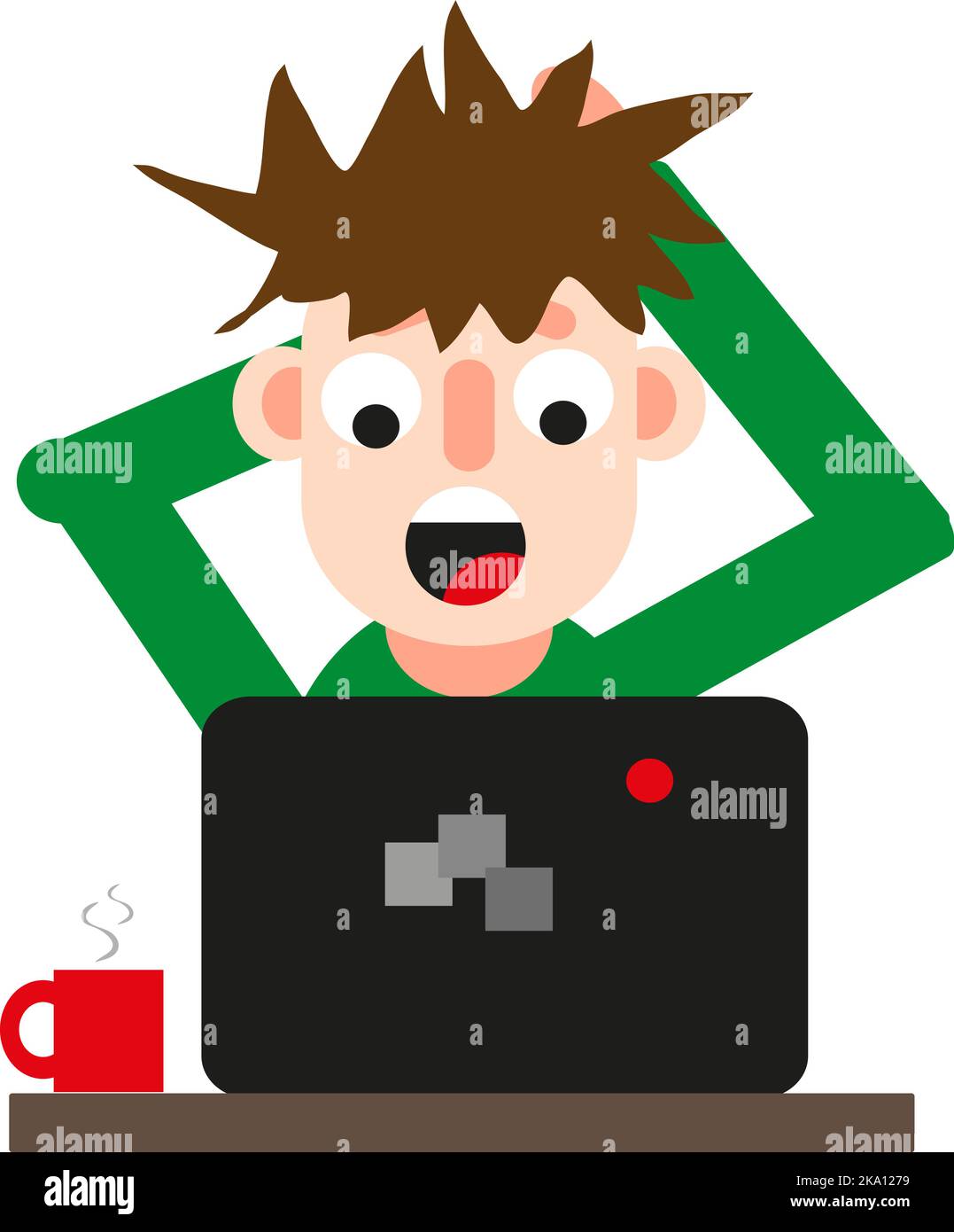 L'uomo di fronte a un computer è scioccato, illustrazione o icona, vettore su sfondo bianco. Illustrazione Vettoriale