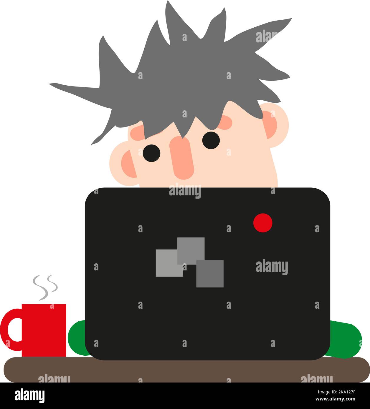 Uomo di fronte a un computer che lavora, illustrazione o icona, vettore su sfondo bianco. Illustrazione Vettoriale