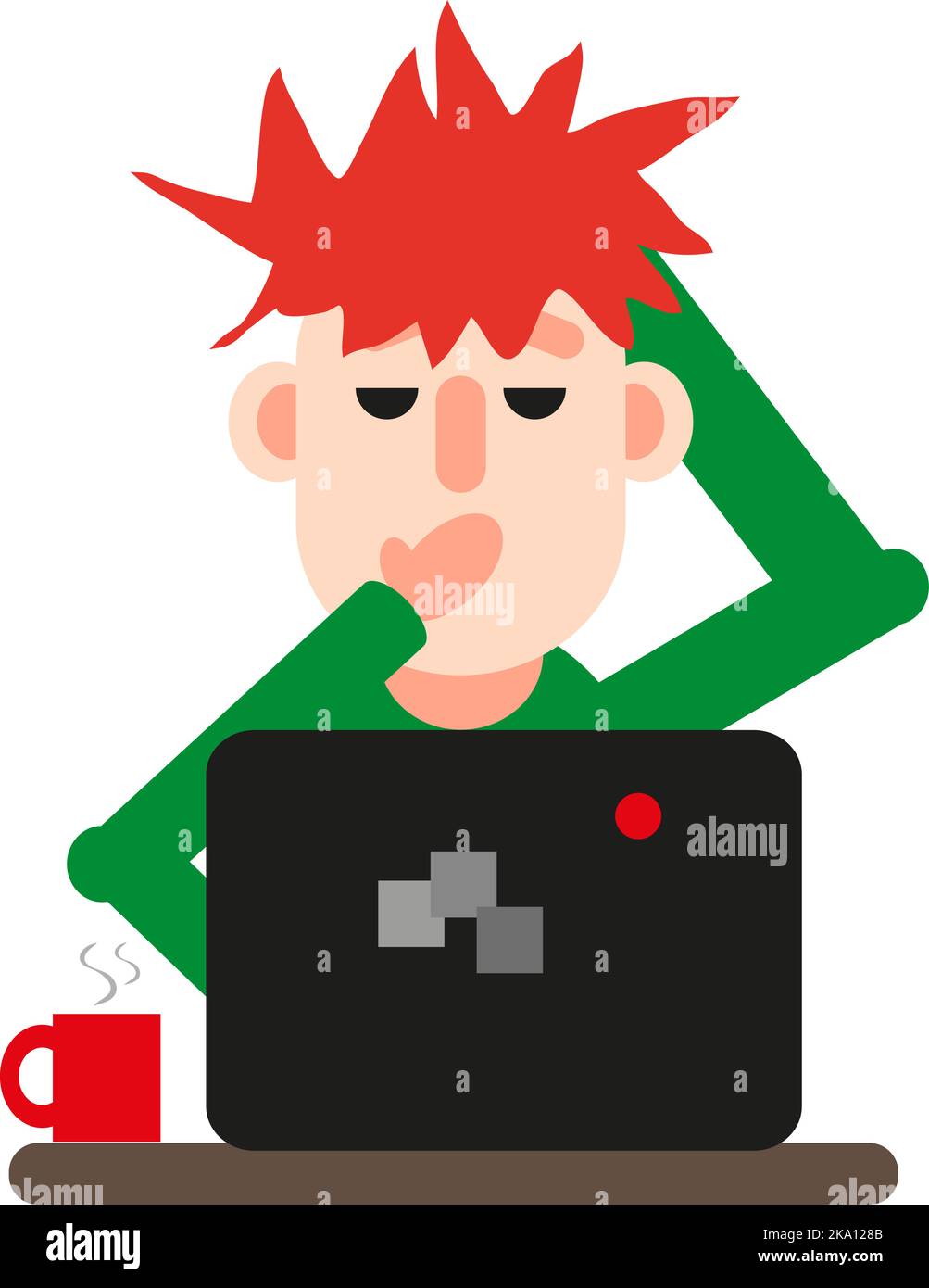 L'uomo di fronte a un computer sbadigia, illustrazione o icona, vettore su sfondo bianco. Illustrazione Vettoriale