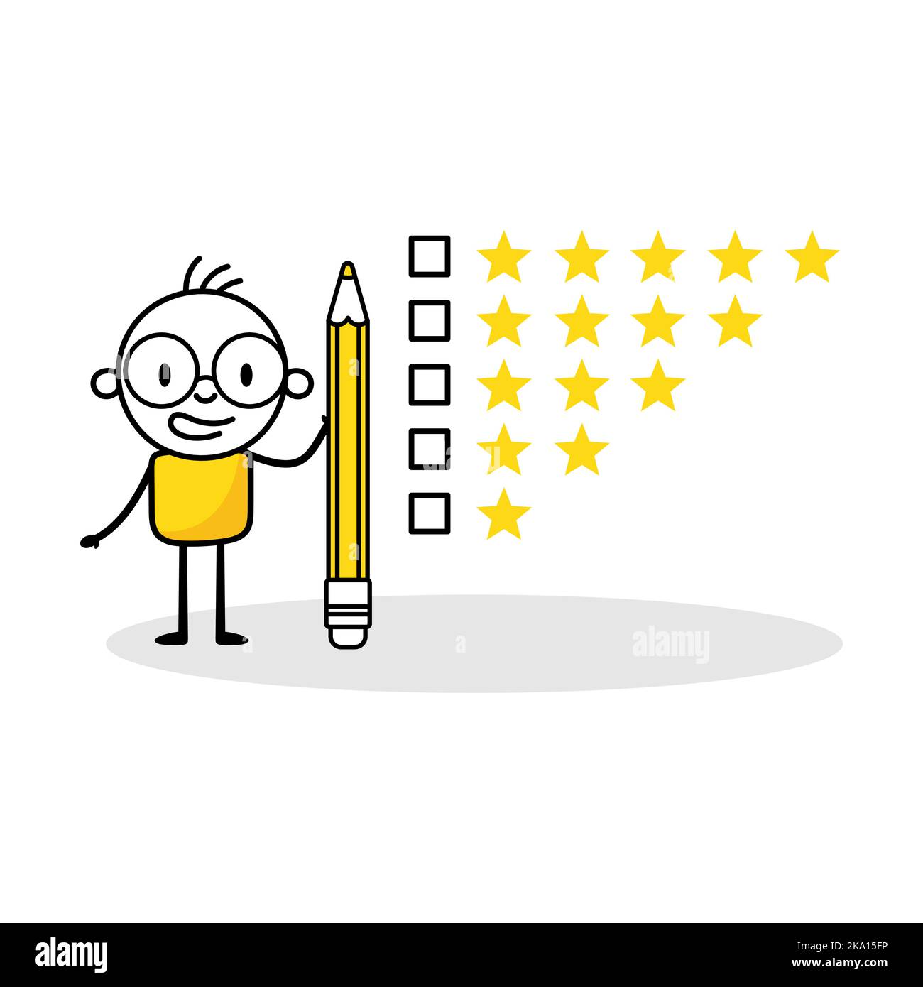 Uomo carattere dare feedback. Le recensioni dei clienti, dando risultati di qualità stelle, valutano il concetto di servizio. Illustrazione del vettore. Illustrazione Vettoriale