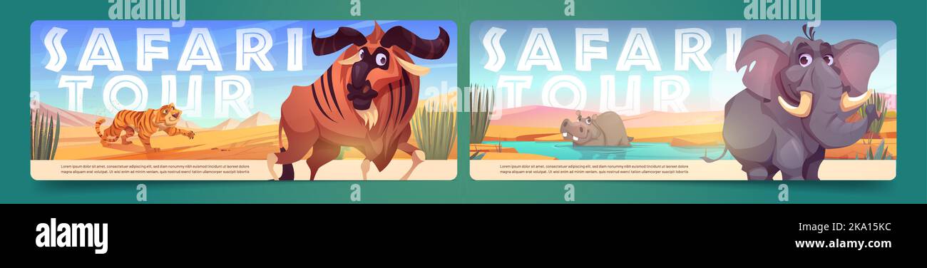 Set di layout banner tour safari con tigre, elefante, ippopotamo e bufalo africano. Illustrazione vettoriale dei cartoni animati di animali selvatici esotici sullo sfondo del paesaggio della savana. Fauna selvatica turismo ricreativo Illustrazione Vettoriale