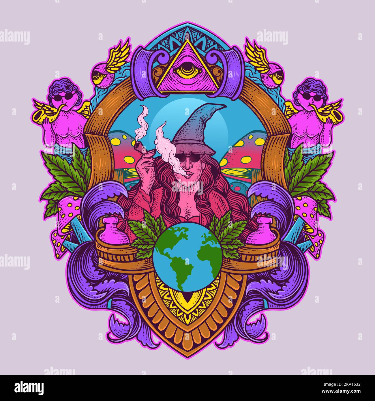 illustrazione strega fumando marijuana con coloratissima cornice ornamentale Illustrazione Vettoriale