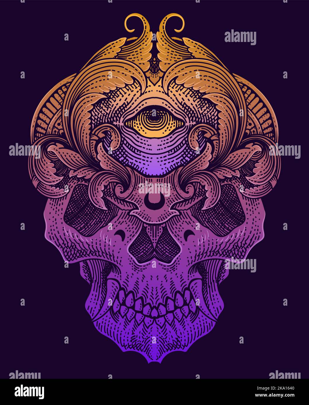 illustrazione testa del cranio con incisione stile ornamento Illustrazione Vettoriale