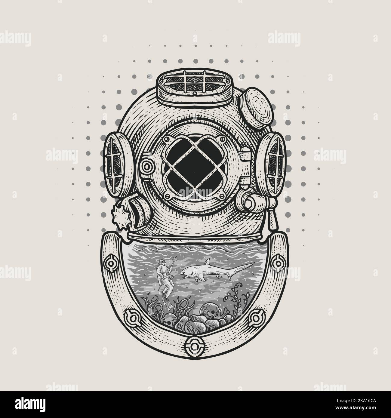 illustrazione casco da immersione antico su sfondo bianco Illustrazione Vettoriale