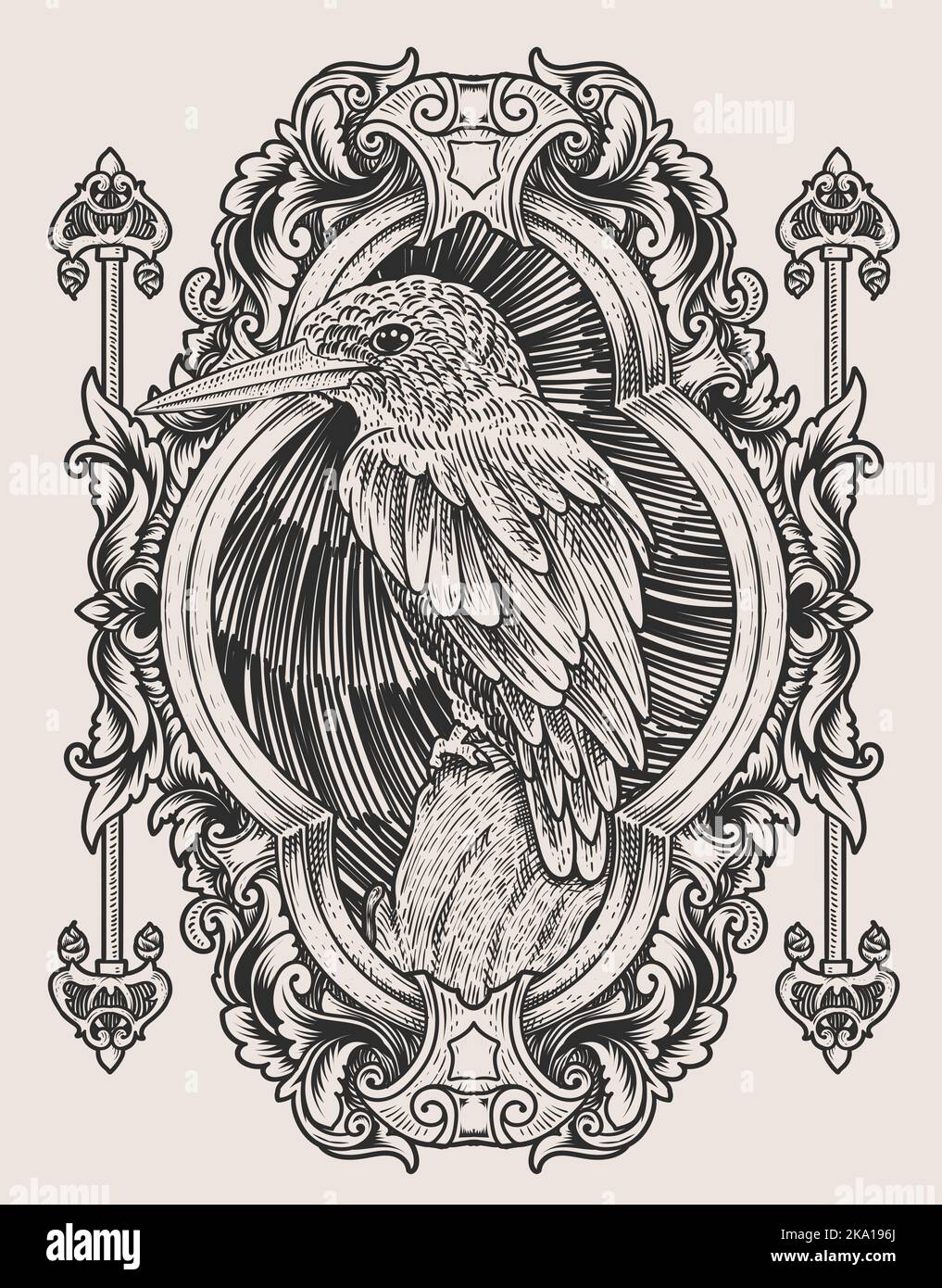 illustrazione uccello vintage con cornice ornamento intagliato Illustrazione Vettoriale
