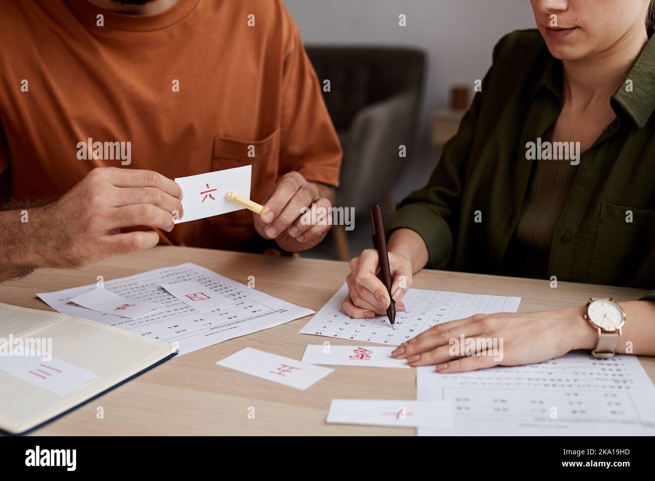 Tutor maschio di lingua cinese che punta alla scheda di carta con geroglifico mentre seduto davanti allo studente che riconosce e lo spunta su carta di prova Foto Stock