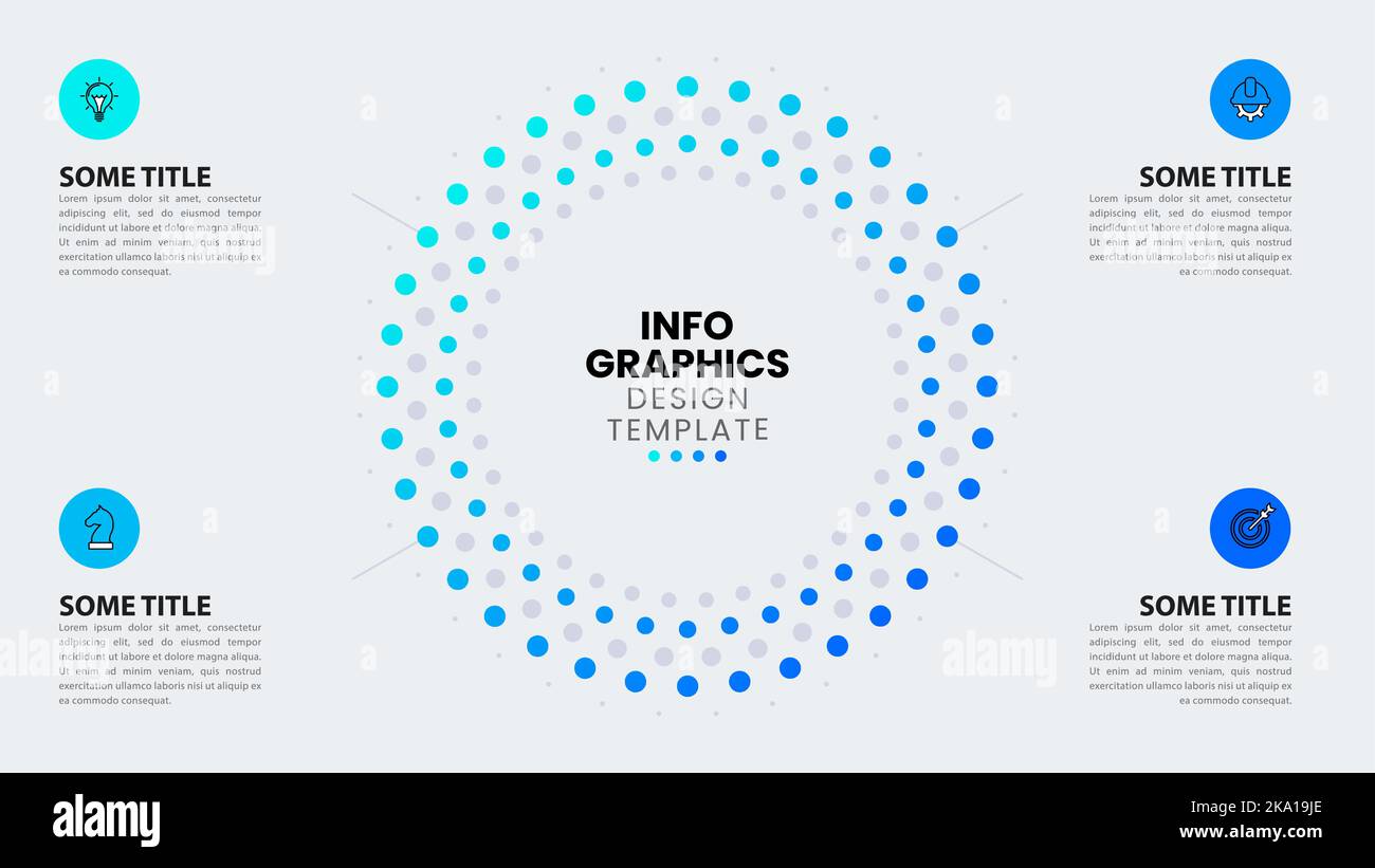 Modello infografico con icone e 4 opzioni o passaggi. Cerchio. Può essere utilizzato per il layout del flusso di lavoro, il diagramma, il banner, il webdesign. Illustrazione vettoriale Illustrazione Vettoriale