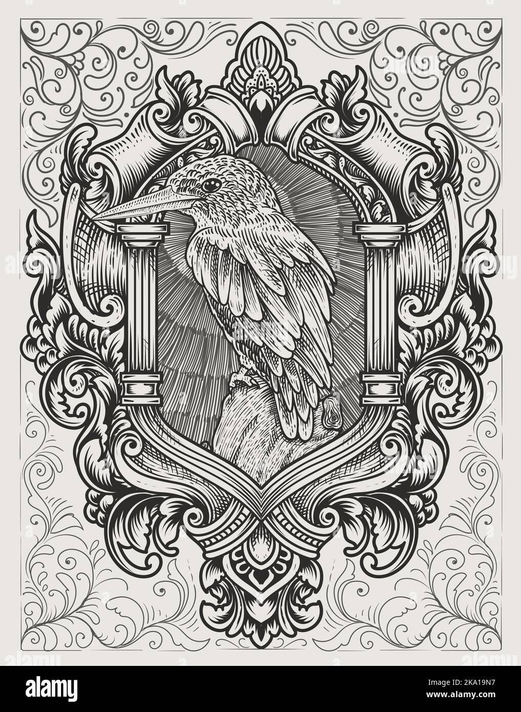 illustrazione uccello vintage bello con stile di incisione Illustrazione Vettoriale