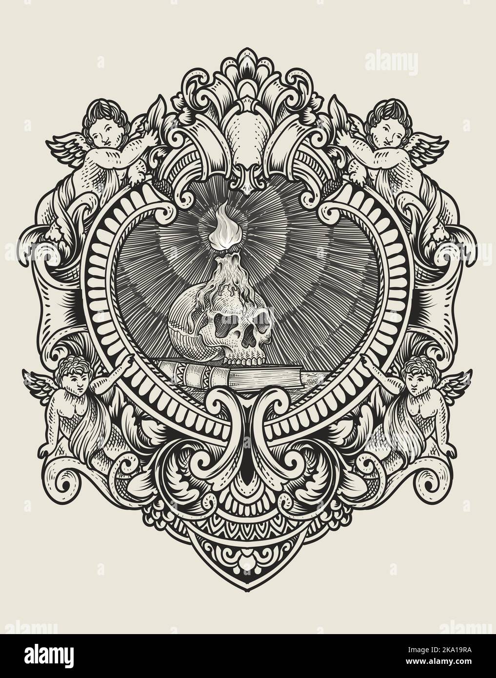 illustrazione candela del cranio vintage con stile incisione Illustrazione Vettoriale