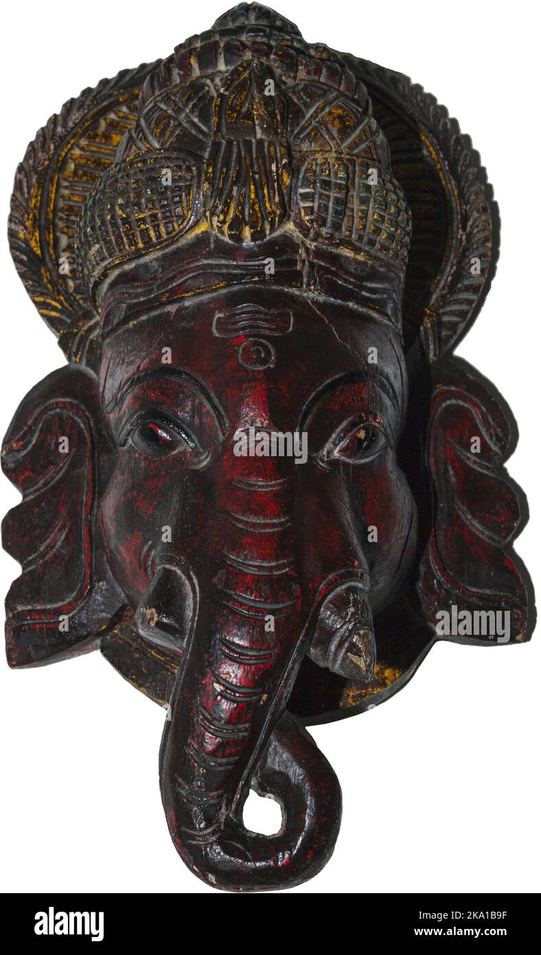 Bella antica maschera in legno intagliato rappresentano la faccia di elefante. Foto Stock