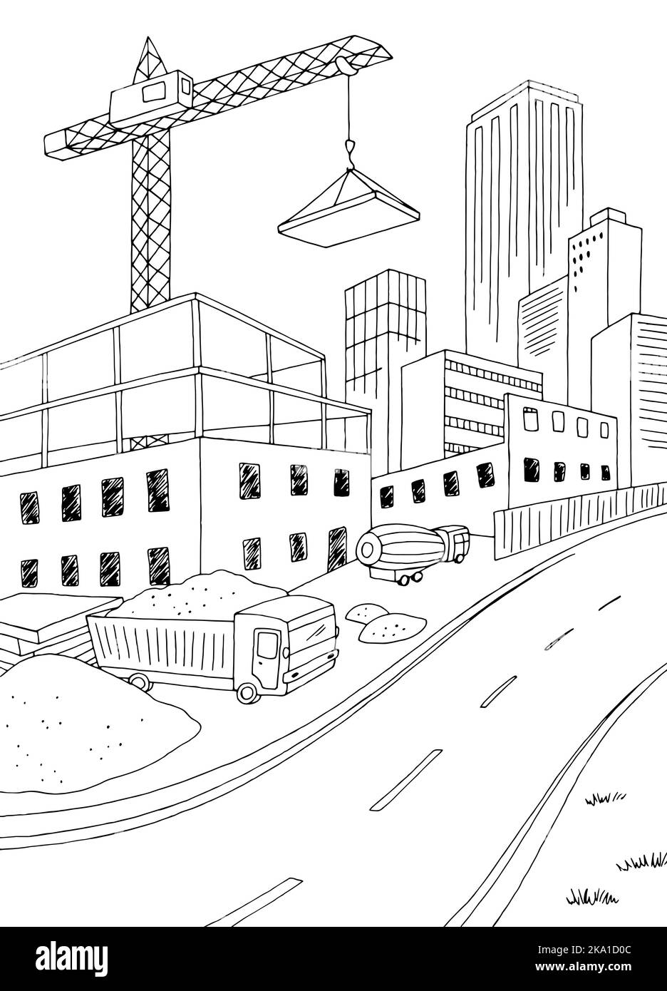 Costruzione di edifici grafica bianco nero città paesaggio verticale schizzo illustrazione vettore Illustrazione Vettoriale