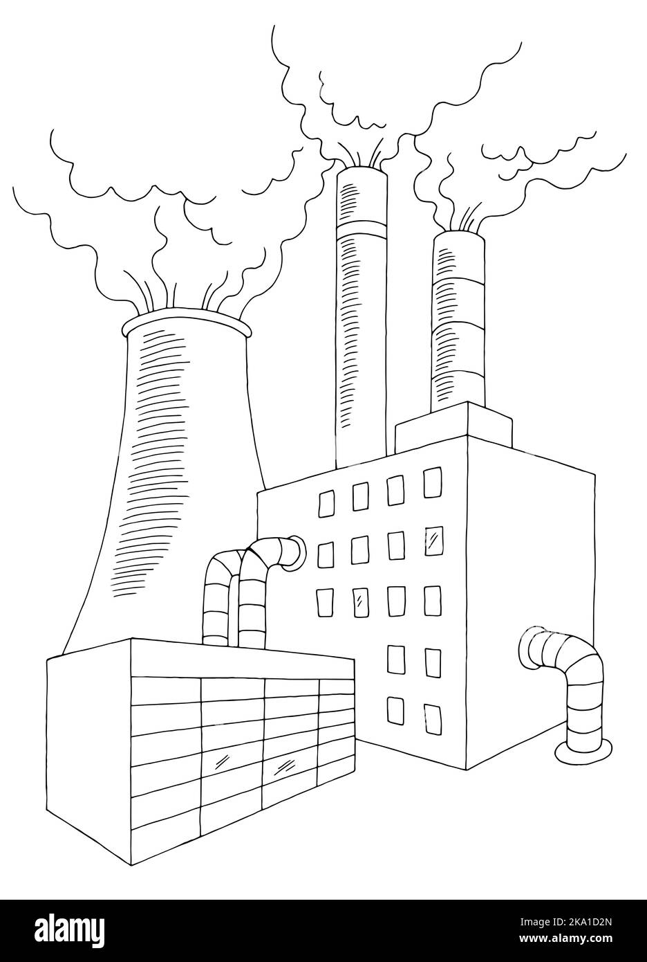 Costruzione fabbrica esterno ecologia problema grafico nero bianco verticale isolato schizzo illustrazione vettore Illustrazione Vettoriale