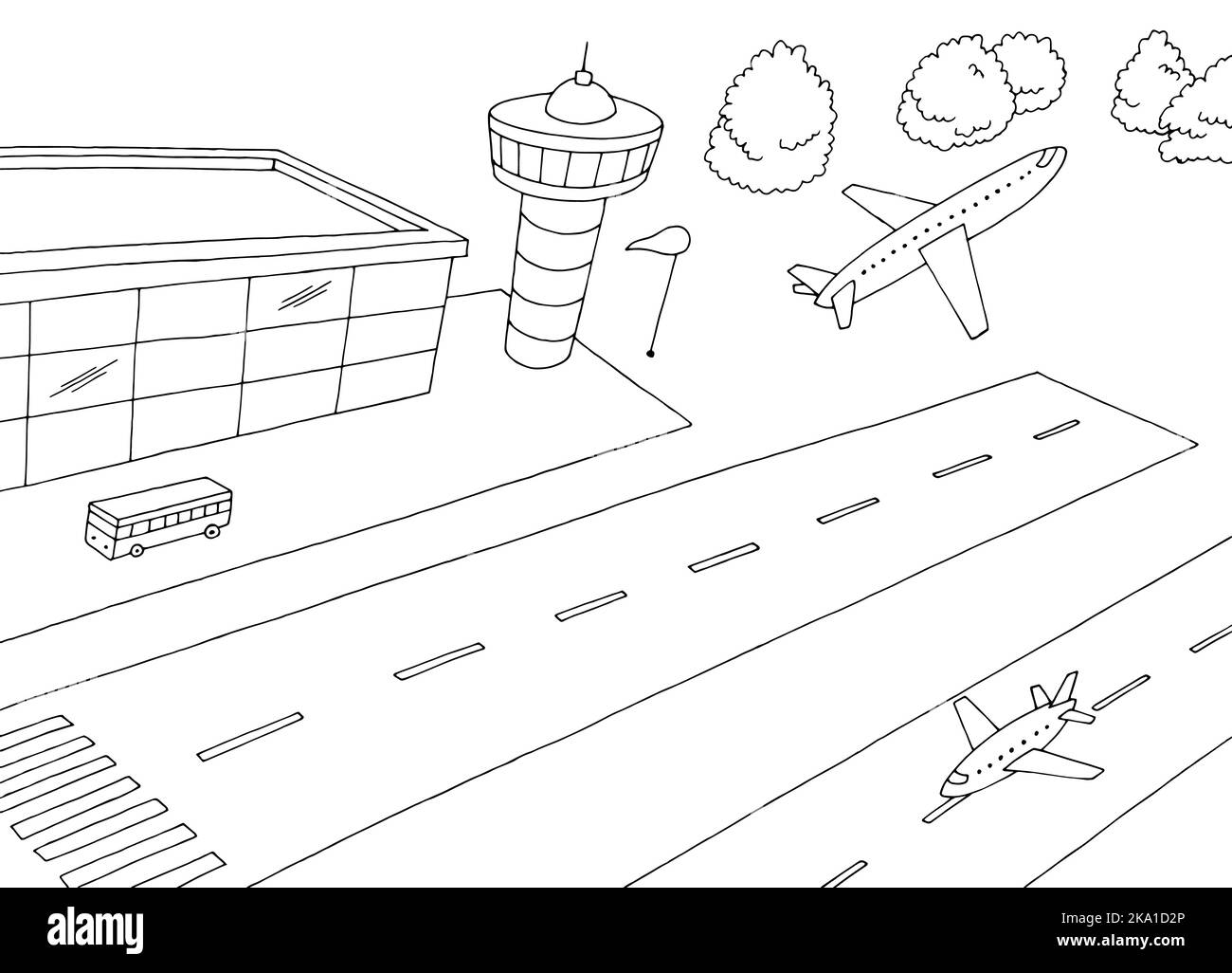 L'aereo esterno dell'aeroporto prende il via dall'illustrazione grafica dello schizzo in bianco nero vettore Illustrazione Vettoriale