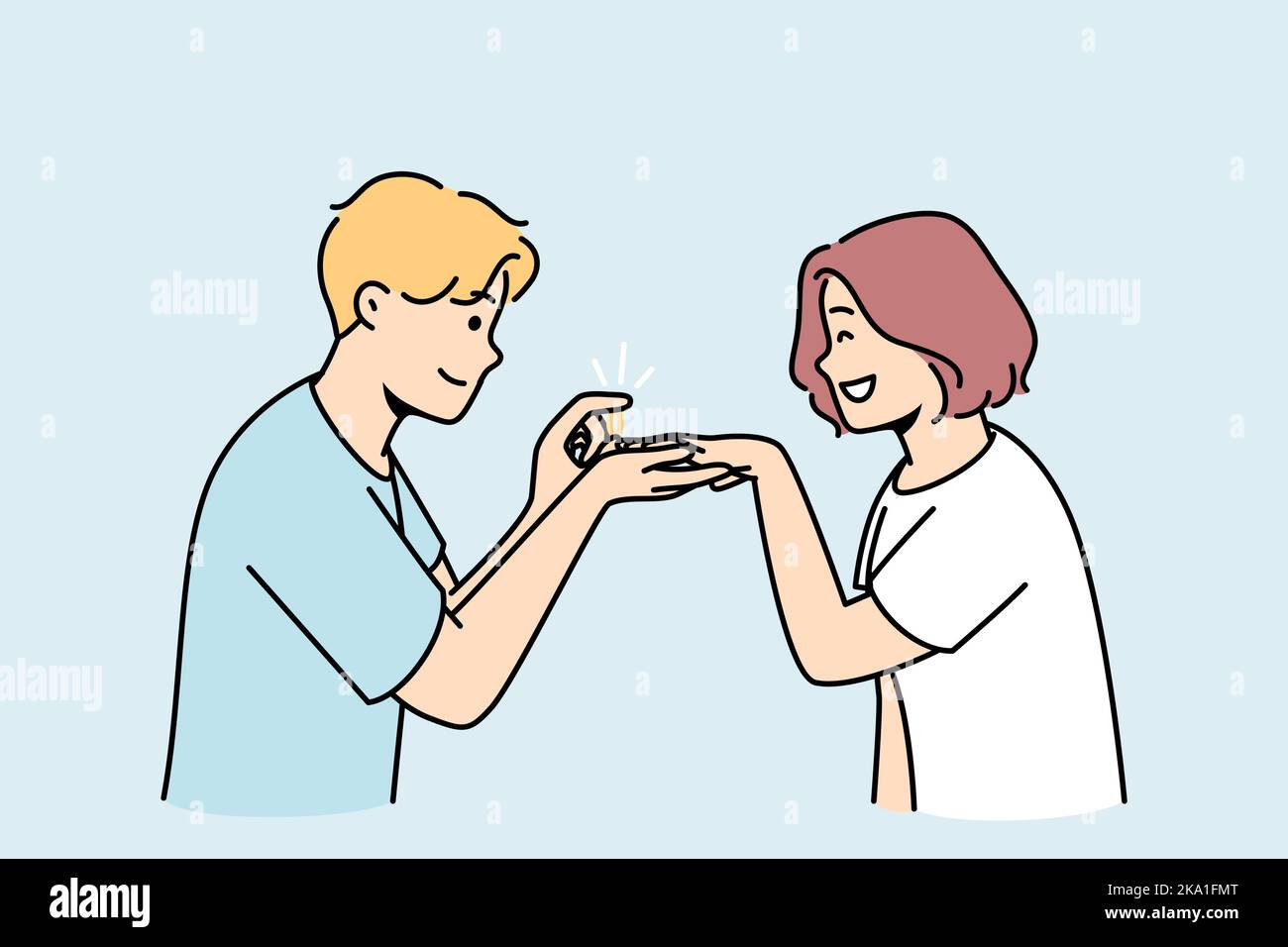 L'uomo amorevole fa la proposta alla donna eccitata. Maschio felice e premuroso mettere l'anello di fidanzamento sul dito sorridente femmina. Matrimonio e obiettivo di relazione. Illustrazione vettoriale. Illustrazione Vettoriale