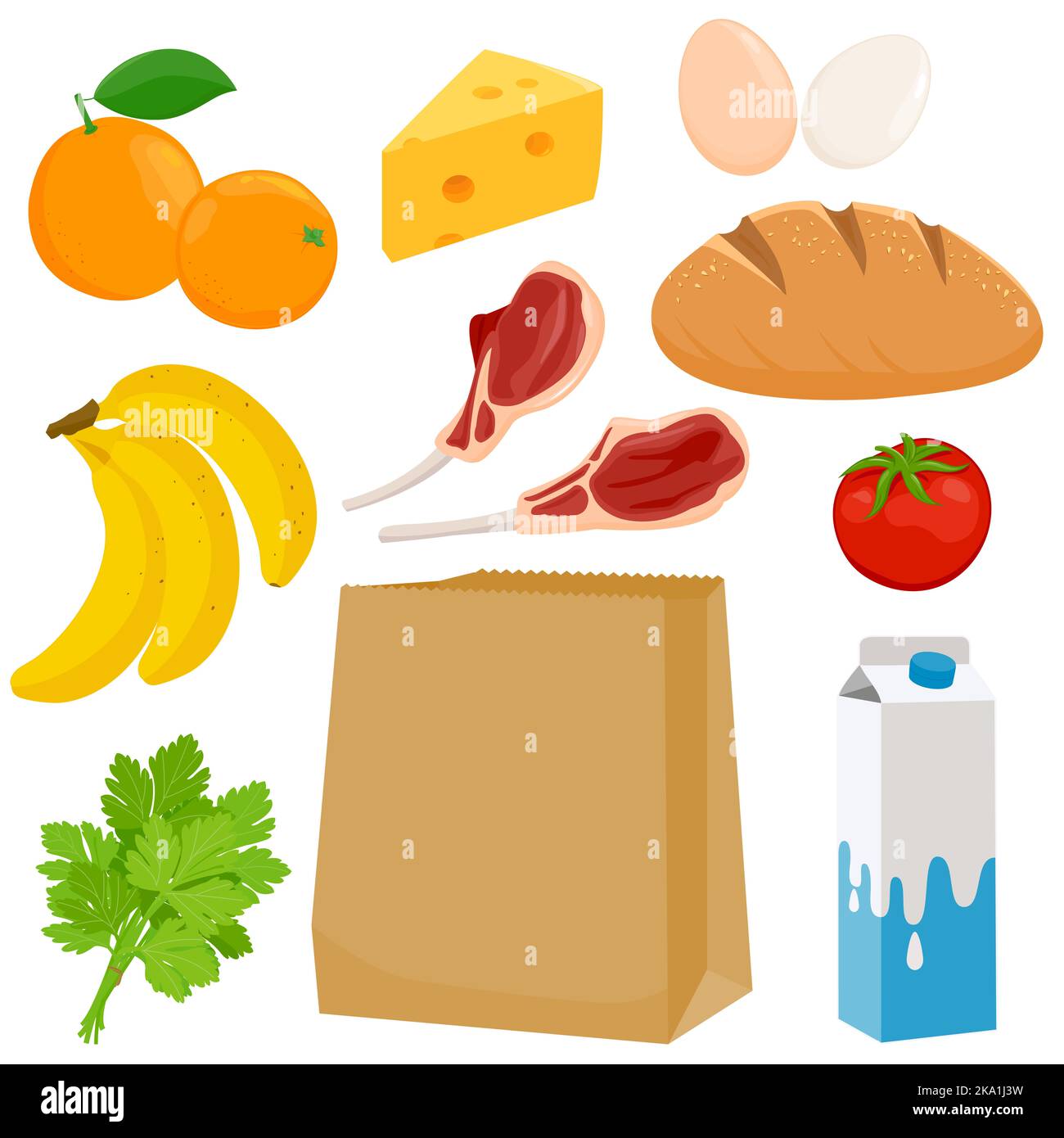 Sacchetto di carta per la spesa e alimentari. Latte, pane, frutta, verdura e formaggio. Foto Stock