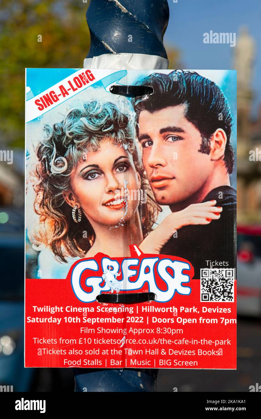 Poster spot proiezione cinematografica locale di film Grease, Devizes, Wiltshire, Inghilterra, Regno Unito Foto Stock