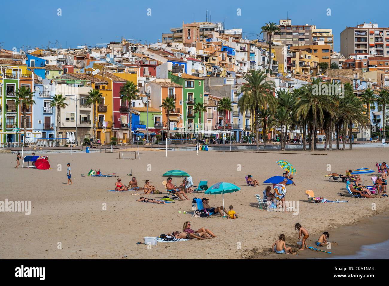 Spiaggia di sabbia a Villajoyosa, Costa Blanca, Comunità Valenciana, Spagna Foto Stock