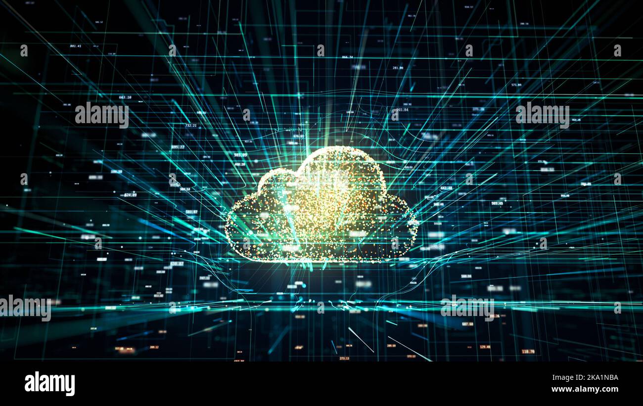 Illustrazione 3D, simbolo della tecnologia cloud nel mondo digitale moderno con codici hash casuali e altri rumori digitali intorno al simbolo del cloud Foto Stock