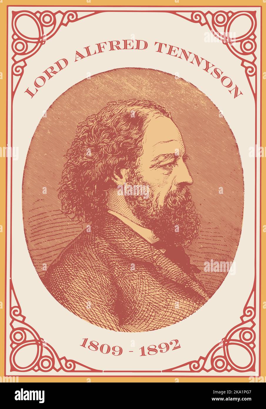 Incisione vintage di Lord Alfred Tennyson, poeta e poeta inglese laureato. Illustrazione Vettoriale