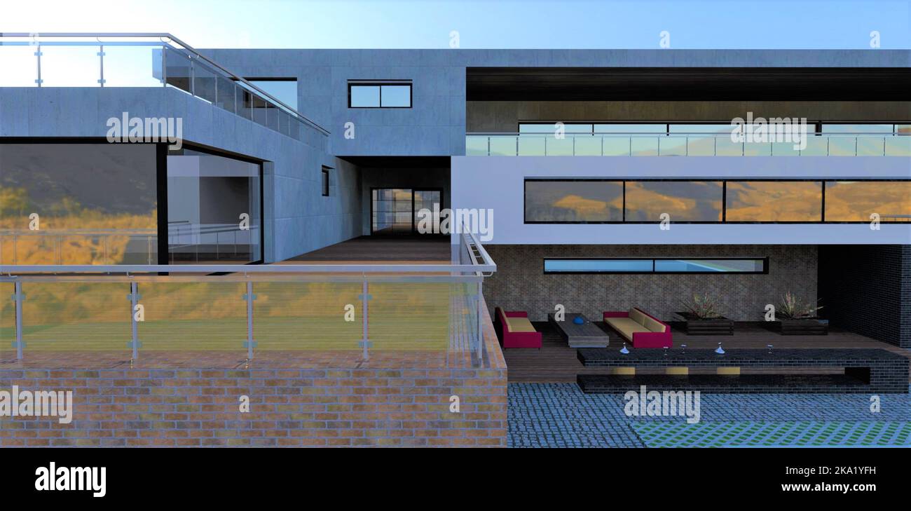 Villa di campagna di design individuale e finiture combinate. Nel cortile è presente un'area ricreativa confortevole e accogliente. Davanti c'è una porta di vetro che porta Foto Stock Villa di campagna di design individuale e finiture combinate. Nel cortile è presente un'area ricreativa confortevole e accogliente. Davanti c'è una porta di vetro che porta Foto Stock