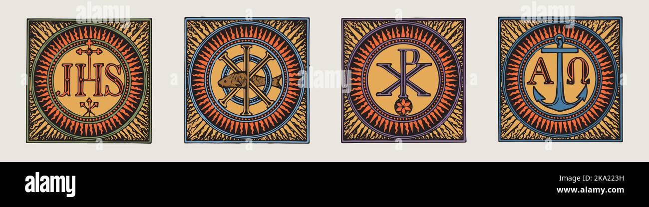 Simboli Cattolici Set vettoriale di 4, incisione vintage. Simbolismo cattolico Illustrazione Vettoriale