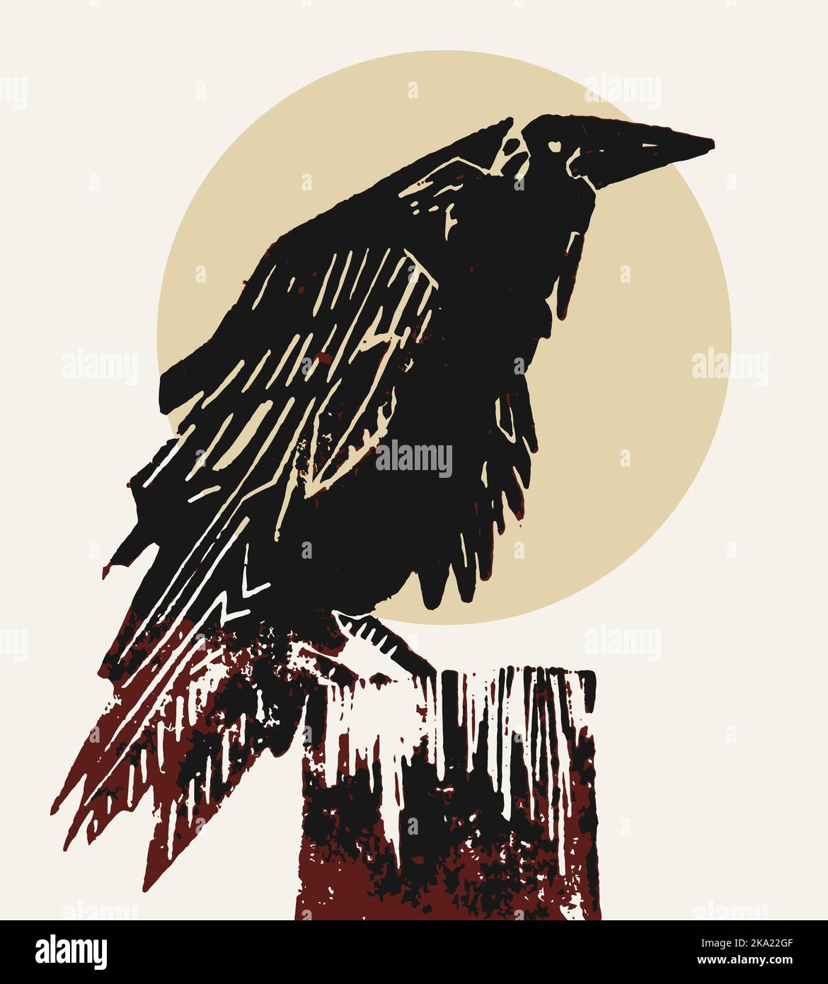 Illustrazione del linocut Raven/corvo. Simbolo ominoso e covente dell'imminente destino. Illustrazione Vettoriale