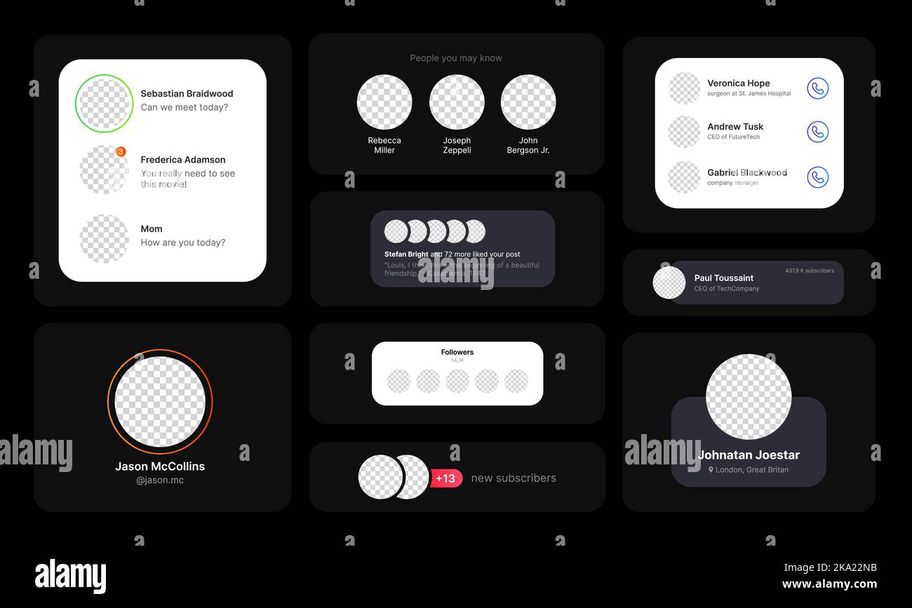 Grande set di illustrazioni per banner e chat del profilo utente. Concetto di interfaccia utente per i social media in design minimalista su sfondo nero. Cerchio vuoto per l'aggiunta dell'icona Profilo utente. Completamente modificabile. Elemento Web per applicazioni mobili. Illustrazione vettoriale Illustrazione Vettoriale