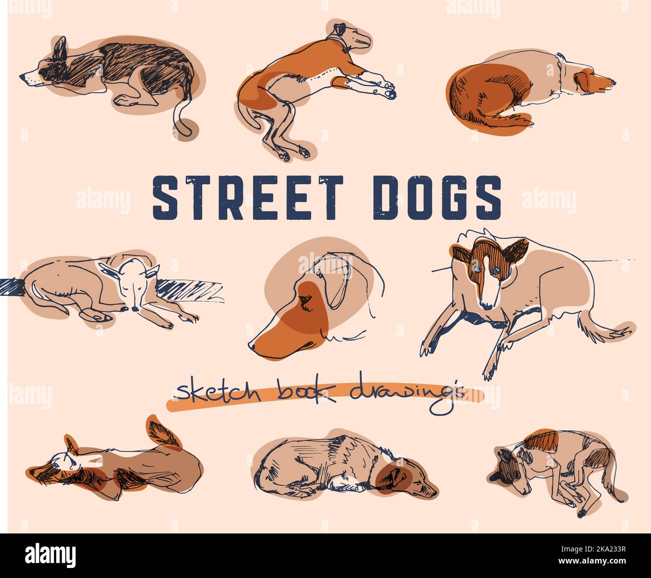 Disegni di cani da strada di razze diverse. Disegno a mano libera del libretto di schizzo. Il migliore amico dell'uomo. Illustrazione Vettoriale