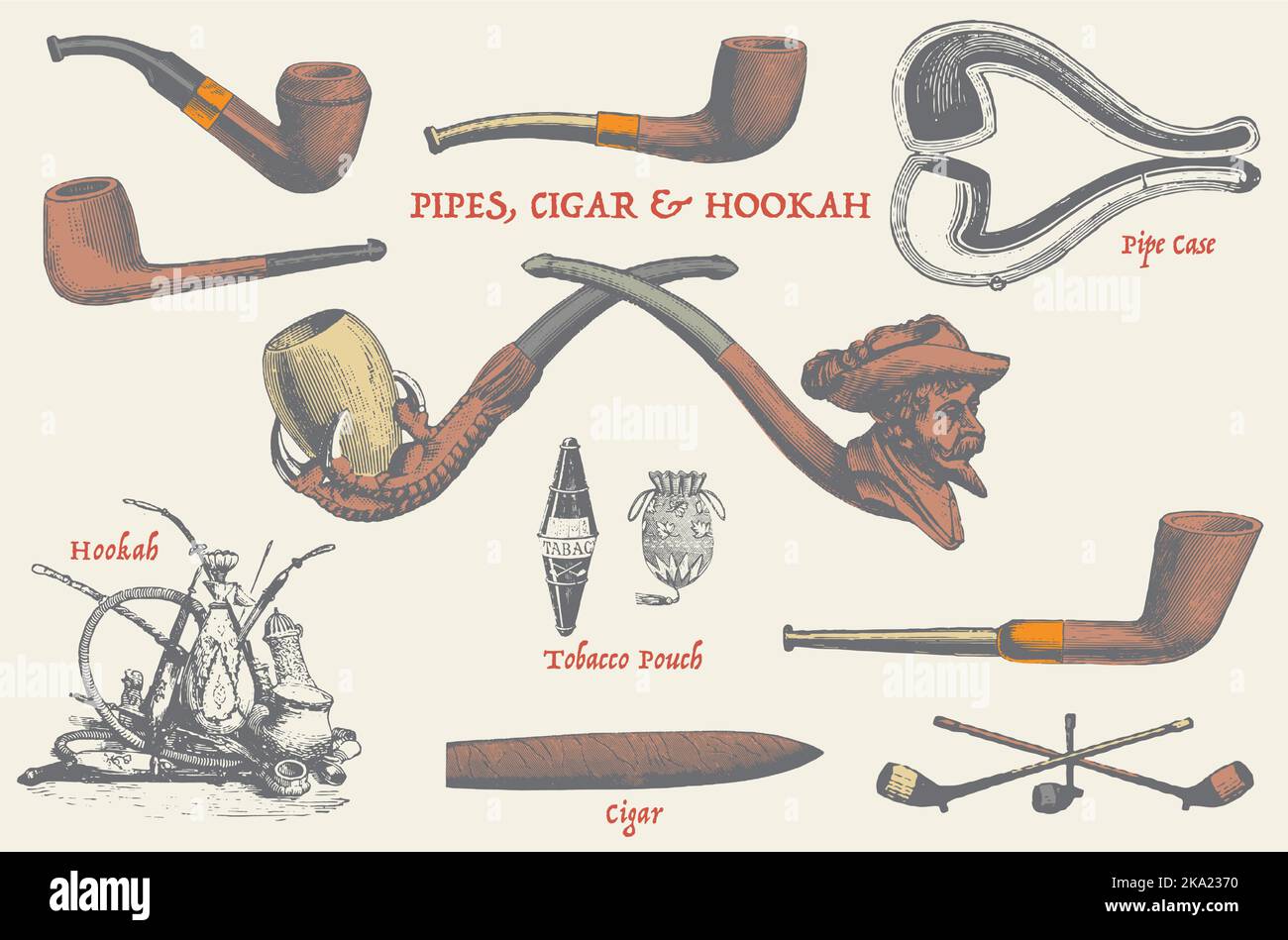 Set vintage di pipe, sigari e zoccoli. Uso di tabacco nel passato. Illustrazione Vettoriale