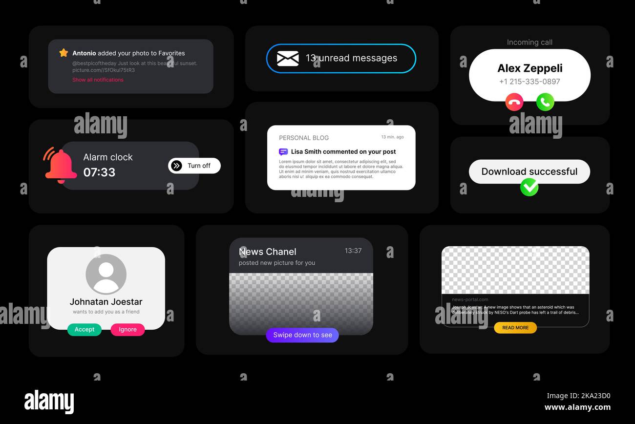 Notifiche dei messaggi in arrivo. Grande set di illustrazioni. Concetto di interfaccia utente per i social media in design minimalista su sfondo nero. Completamente modificabile. Sveglia, chiamata in arrivo, nuovo post e così via elemento Web per applicazioni mobili. Illustrazione vettoriale Illustrazione Vettoriale