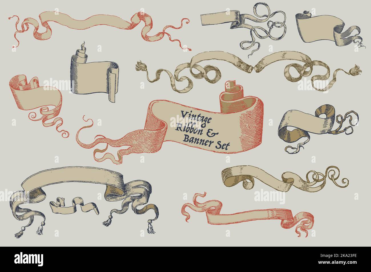 Set di banner a nastro vintage. Isolato. Illustrazione vettoriale. Da utilizzare come annuncio, design del menu di celebrazione e design del titolo. Illustrazione Vettoriale