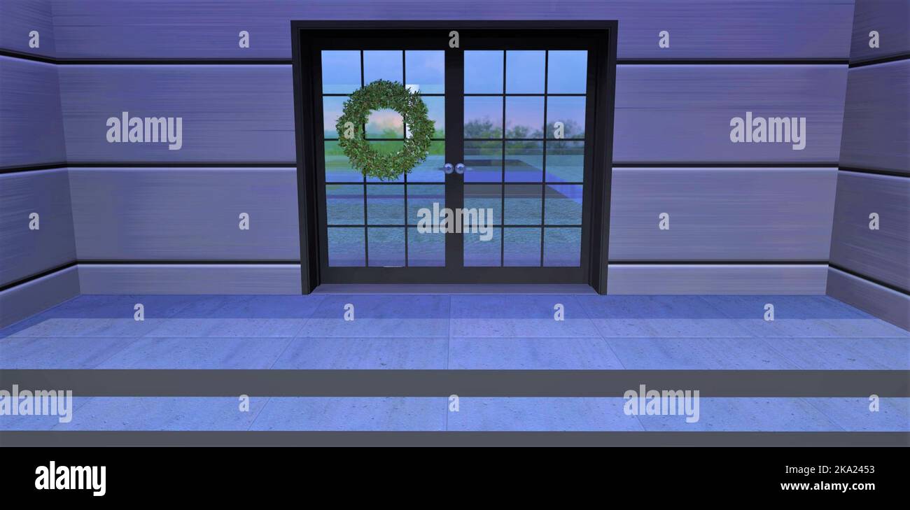 Corona di Natale sulla porta con inserti in vetro. Finitura di una facciata del pannello a partire da materiali compositi ricoperti di alluminio. rendering 3d. Foto Stock