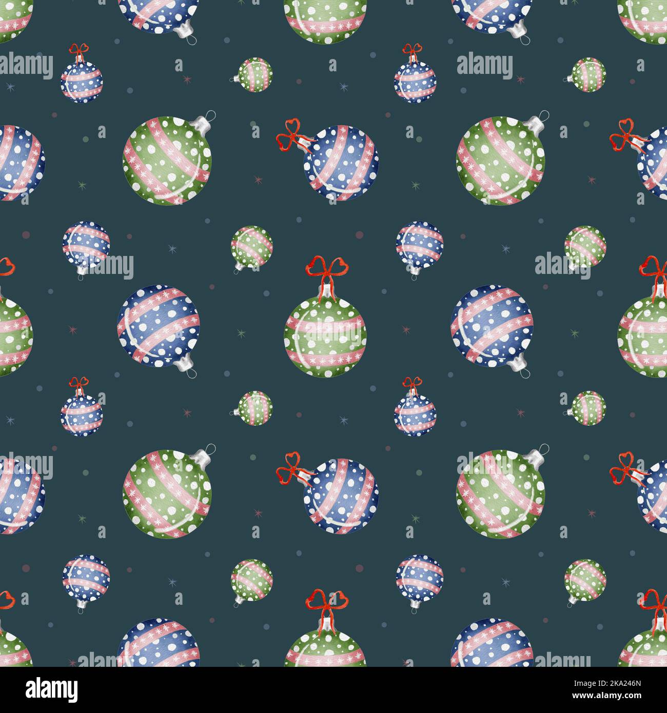 Acquerello senza cuciture modello con decorazioni natalizie. Palline blu e verdi. Giocattoli Balls per l'albero di Natale. Buon Natale e Felice Anno Nuovo. Foto Stock