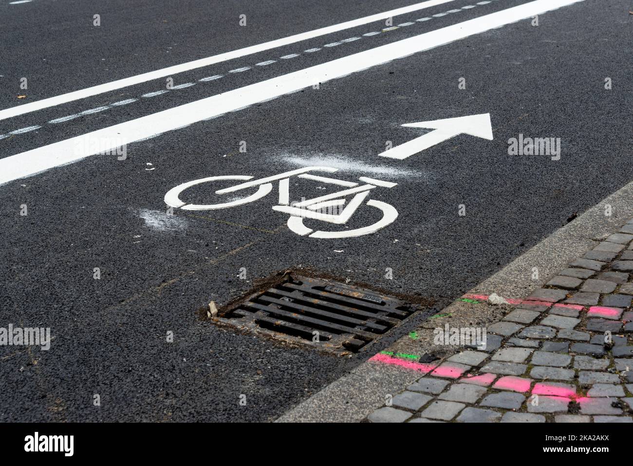 Piktogramm eines Radweges auf dem Straßenpflaster einer Großstadt Foto Stock