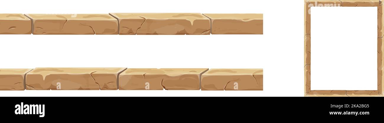 Set di mattoni in pietra, confine senza cuciture antica recinzione in stile cartone animato, isolato su sfondo bianco. Decorazione del gioco. Illustrazione vettoriale Illustrazione Vettoriale